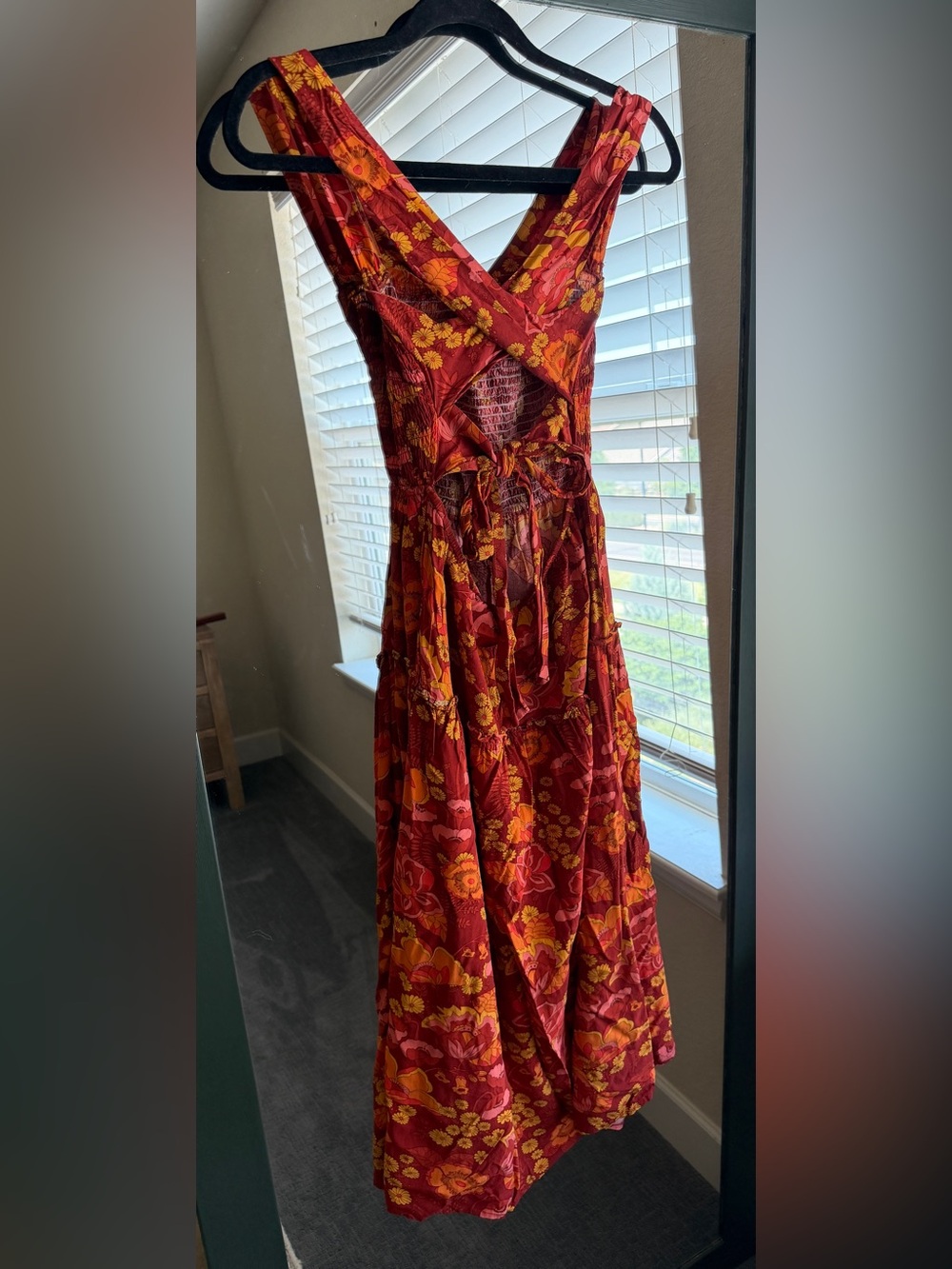 ZESICA Boho Floral Criss Cross Back Tiered Midi Dress - Sunset Orange & Pink - Picture 3 of 5